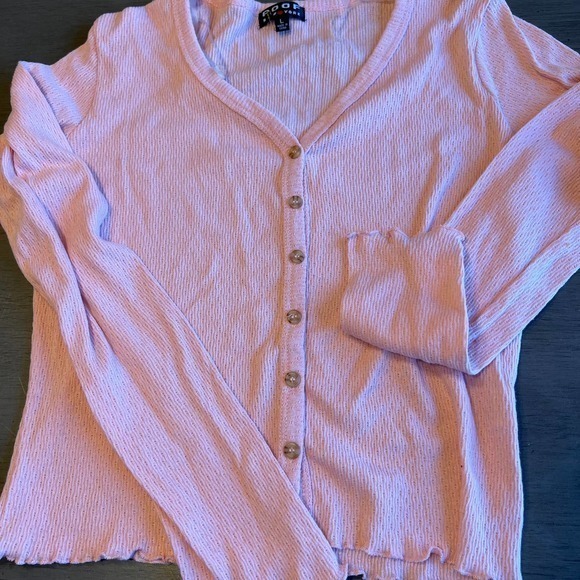 POOF New York Pink Ribbed Button-Up Cardigan Long Sleeve Ruffle Trim Size L - Picture 3 of 8